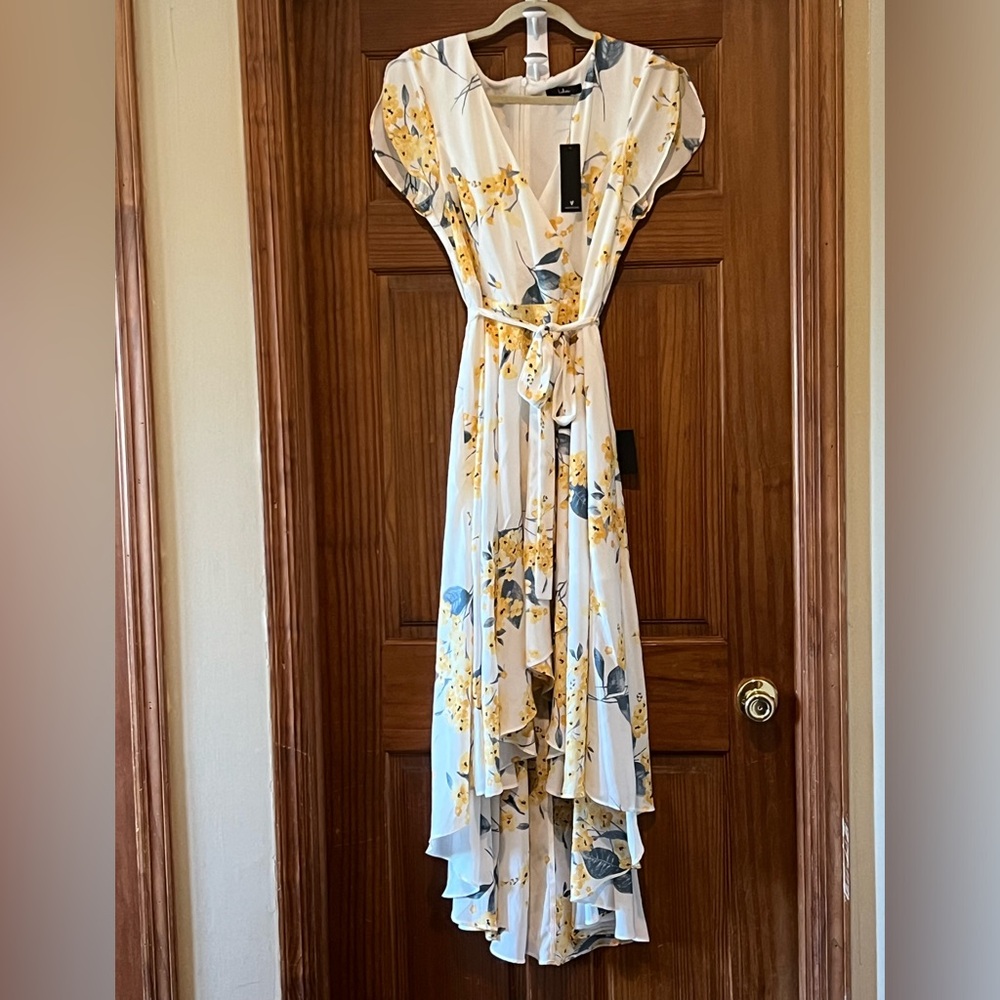 Lulus floral yellow and white high low dress